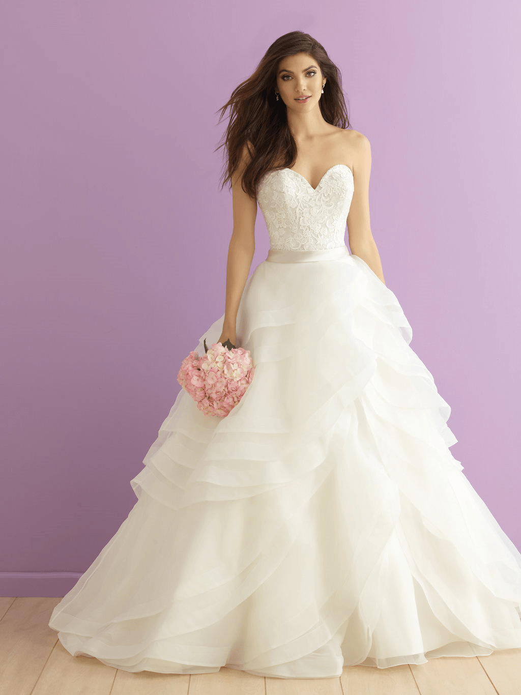 We offer a-line organza bridal gown with a satin high waisted bodice