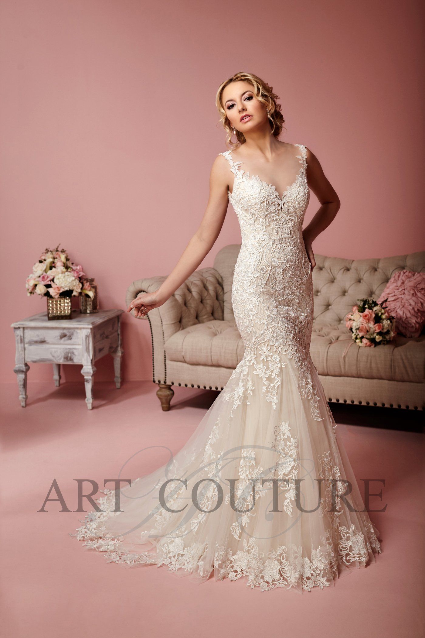 Contact us for a lace fishtail gown with V neckline