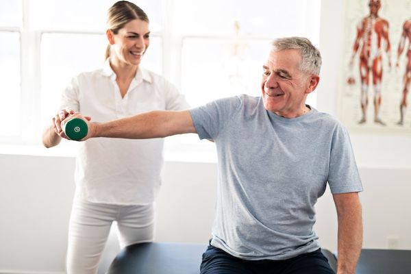 An elderly man is receiving physical therapy.