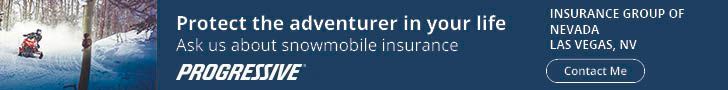 Snowmobiler on snowy trail. Progressive insurance ad: Protect the adventurer in your life.