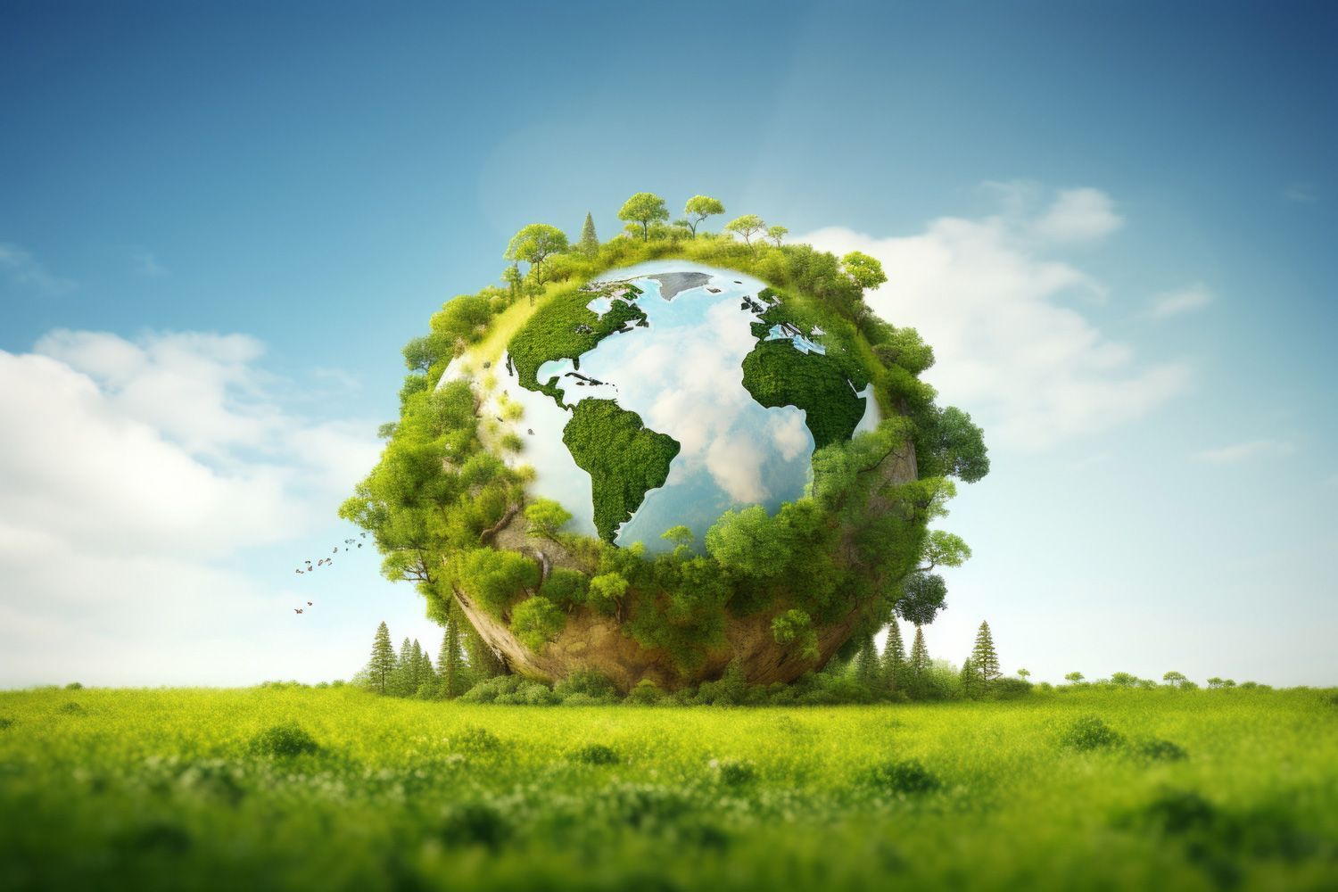 Green globe with continents formed from foliage, floating over a grassy field under a blue sky.