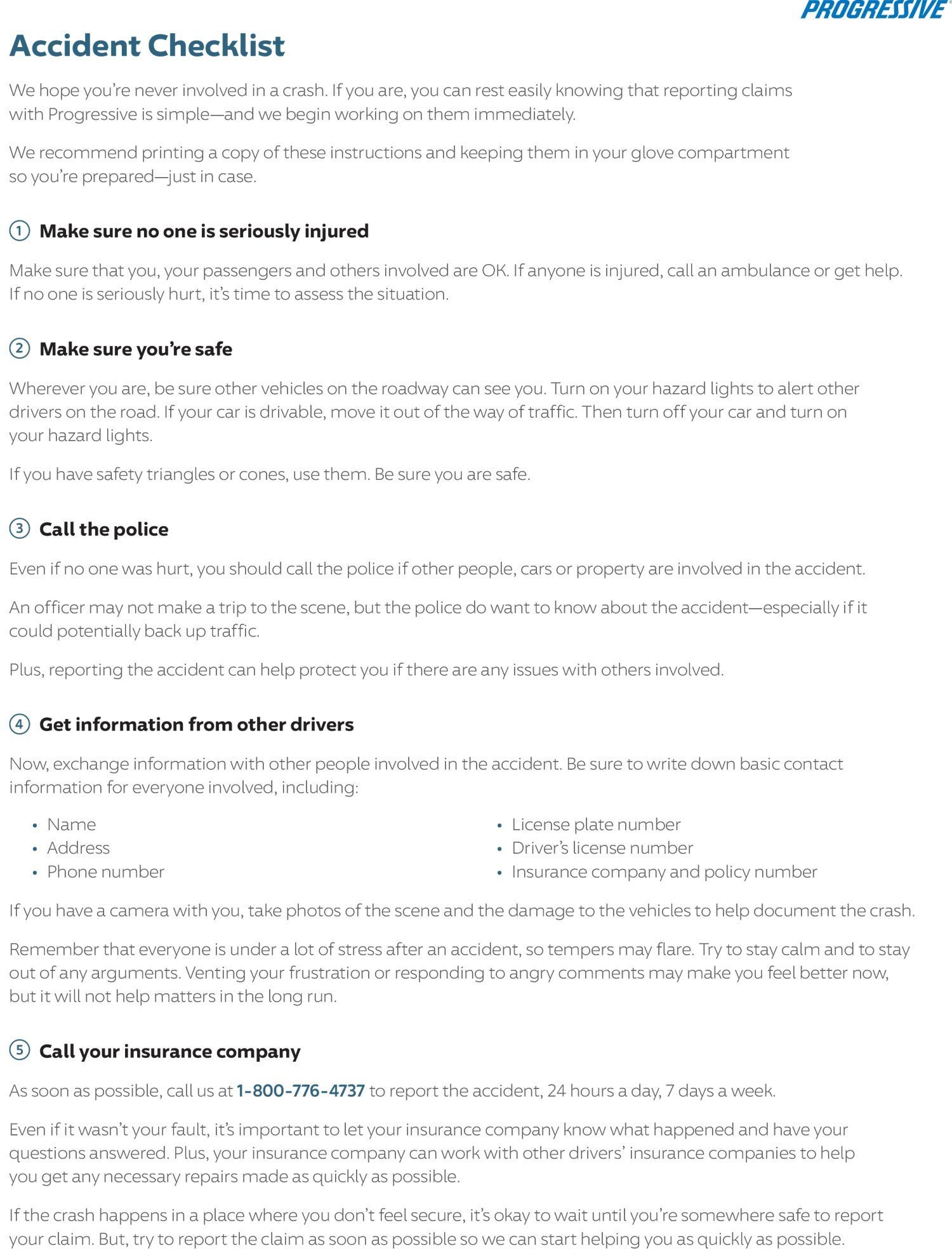 Accident checklist with steps for handling a vehicle accident, including notes on safety, contacting authorities, and gathering information.