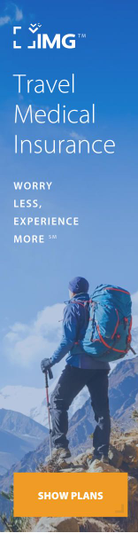 Travel medical insurance ad with hiker in mountains and orange