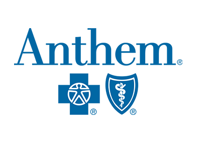 Anthem logo: Blue text and icons on a white background. Includes a cross and a shield symbol.