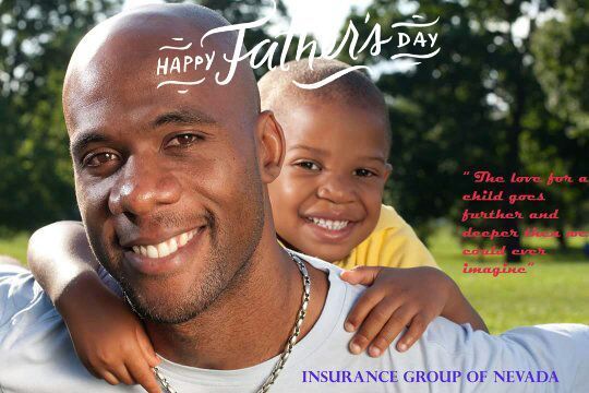 Father and child smiling, embracing outdoors. Father's Day card, green background.