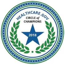 Healthcare.gov Circle of Champions 2018 award logo, blue and green, with star and laurel wreath design.