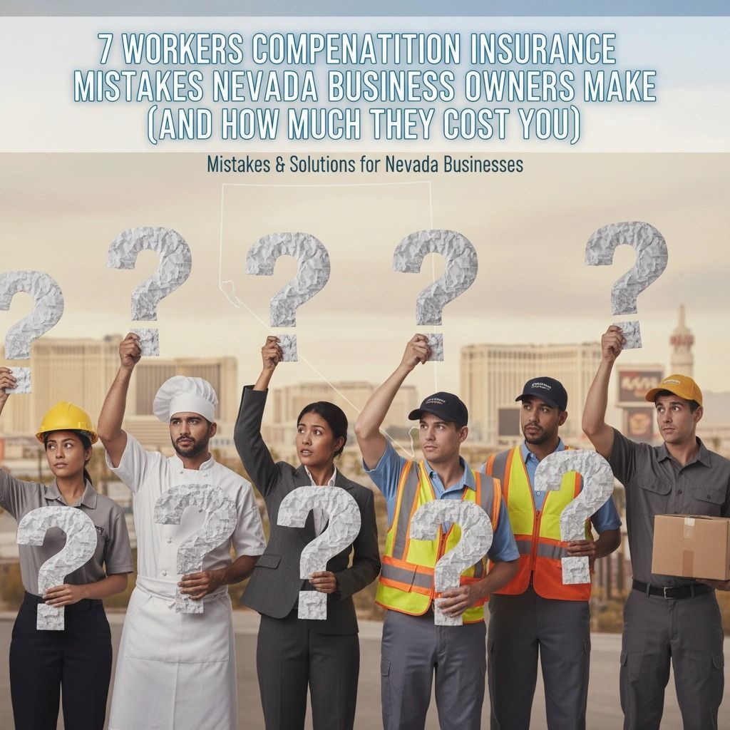 Seven workers holding question marks, representing workers' compensation mistakes. Text: 