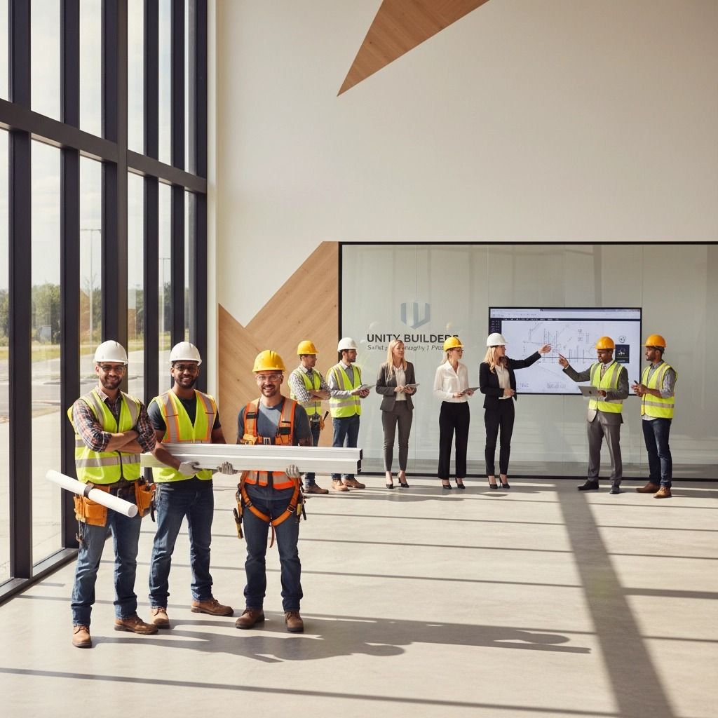 Construction workers and staff in a modern building, some holding plans or gesturing to a screen.