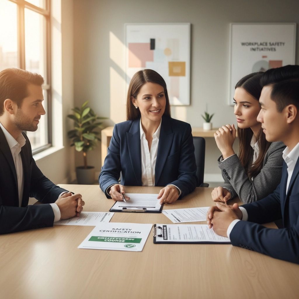 Business meeting: Four people seated around a table, reviewing documents in an office.
