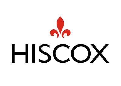 Hiscox logo: black text with a red fleur-de-lis icon above.
