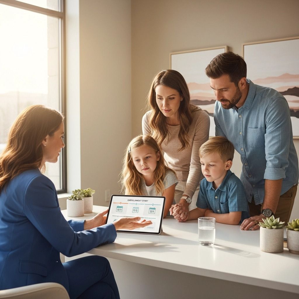 Financial advisor presenting information on a tablet to a family in a well-lit office.
