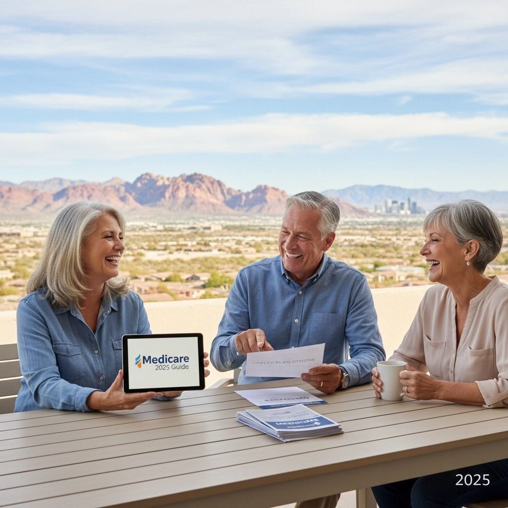 Three people smiling around a table outdoors. Woman holds tablet with Medicare logo. Mountains and city in background.