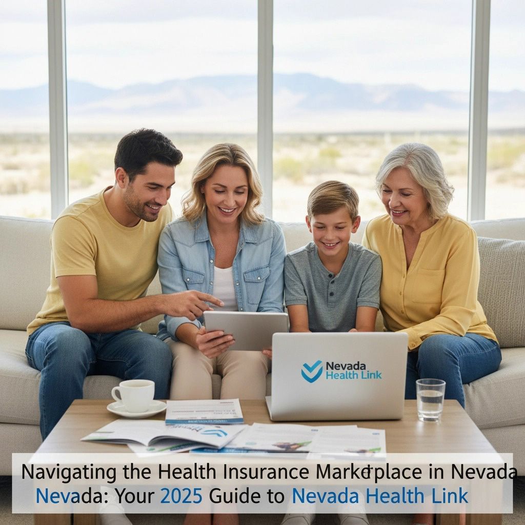 Family looking at a tablet and laptop, the Nevada Health Link logo on the screen.