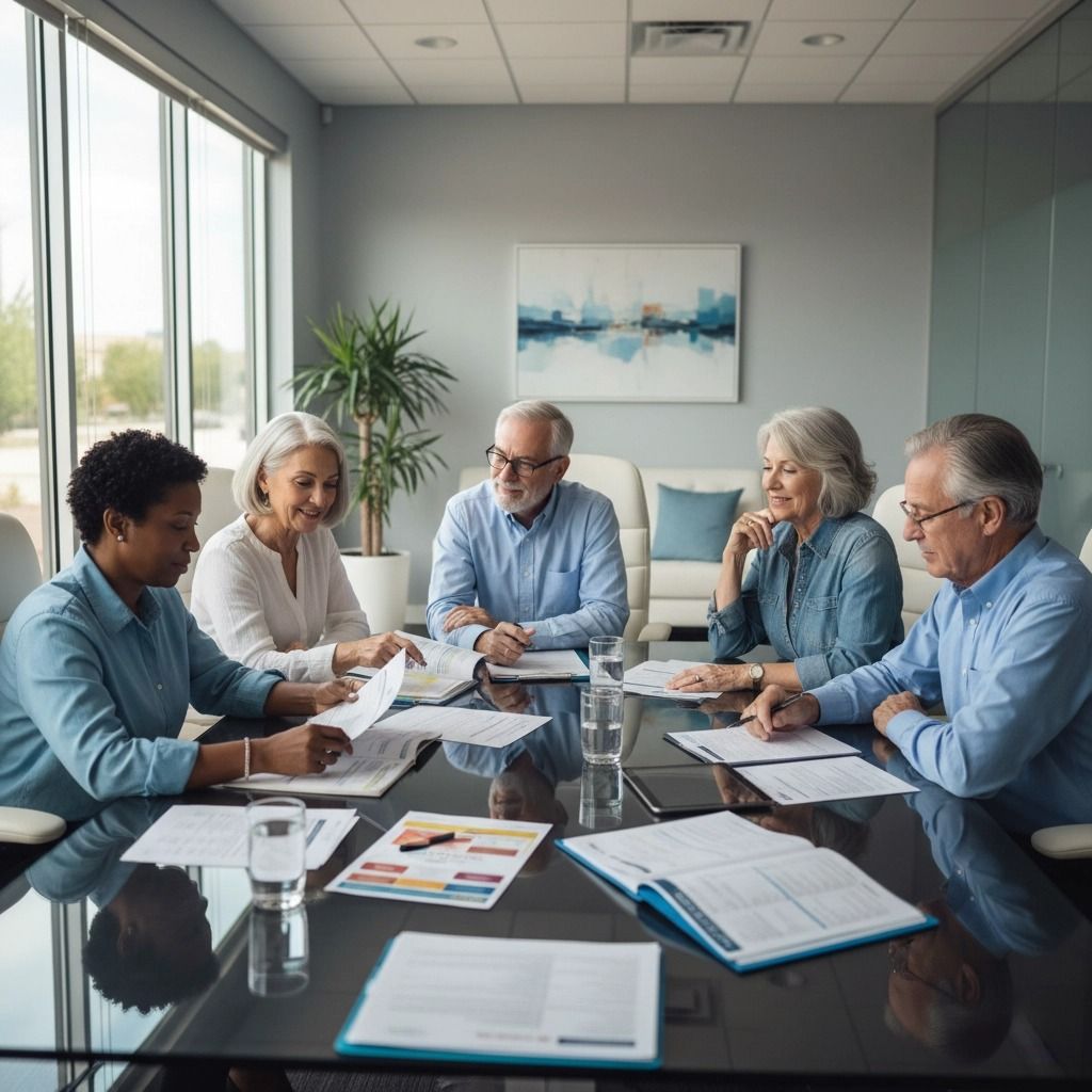 Business meeting around a table. People reviewing documents in a modern office.