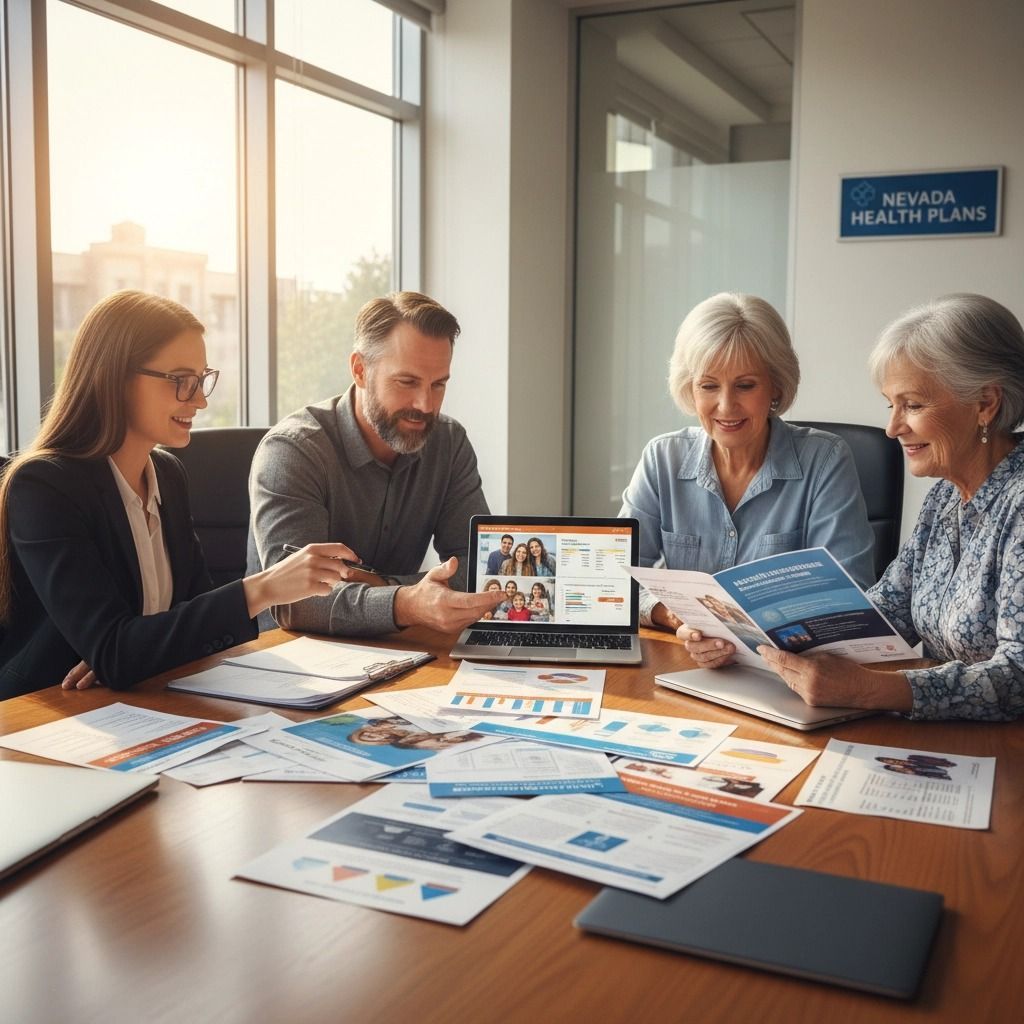Four people reviewing documents and laptop in an office setting. Nevada Health Plans sign in the background.