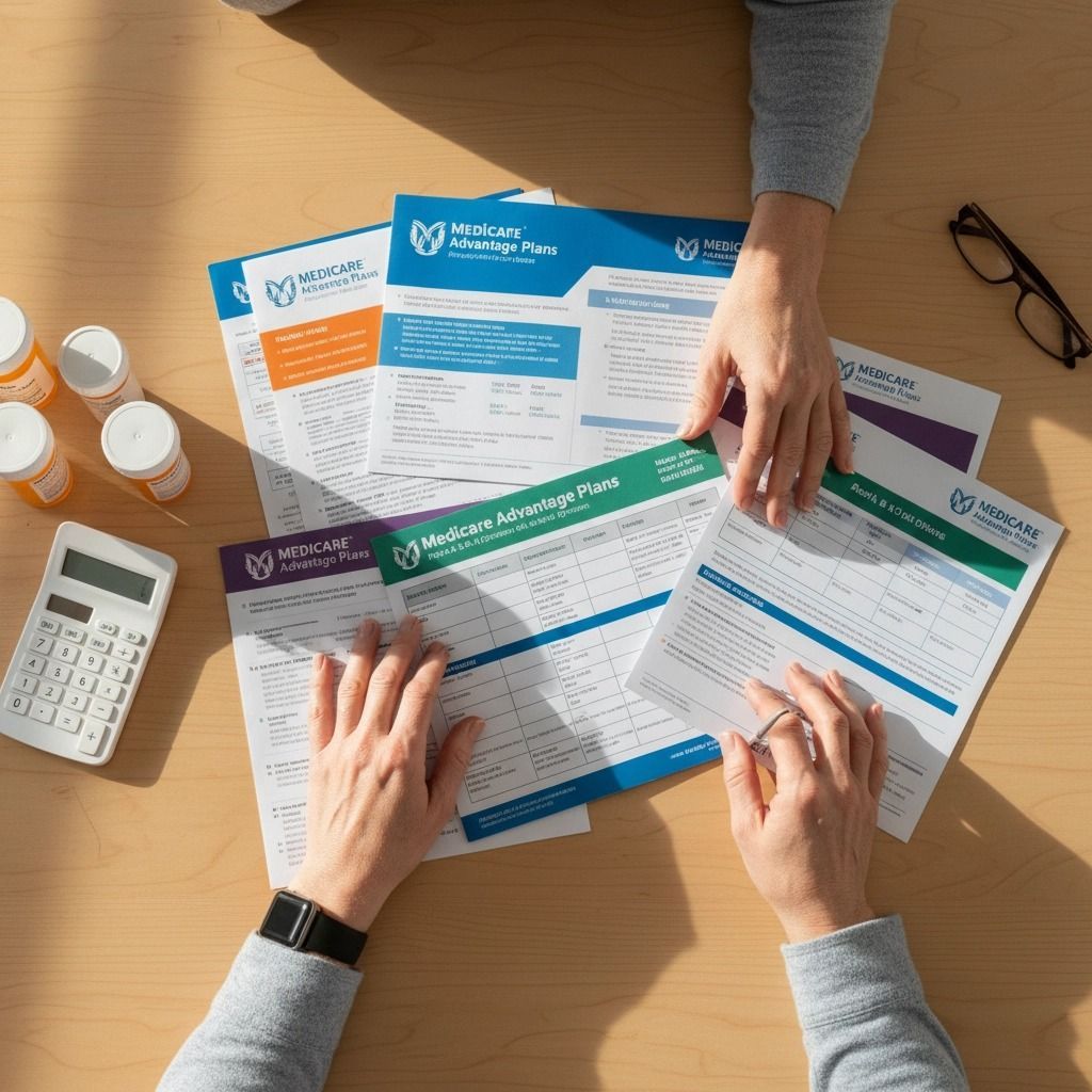 Hands reviewing Medicare documents with a calculator and prescription bottles on a wooden table.