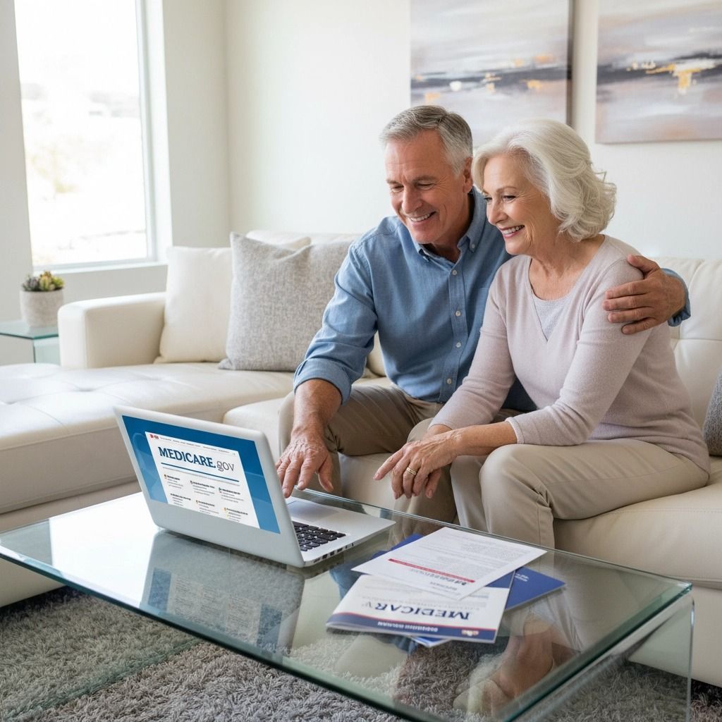 Senior couple on couch looking at laptop, smiling, with Medicare documents.