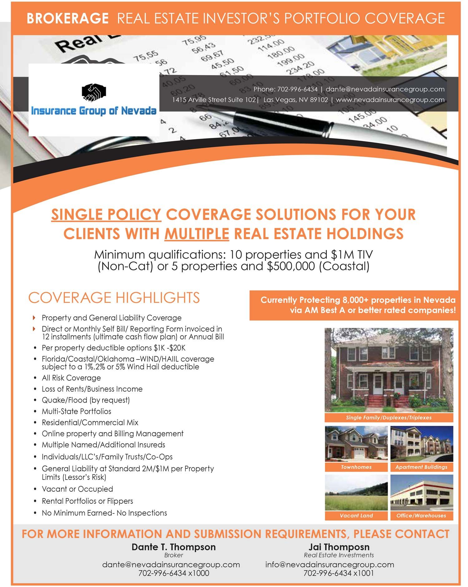 Flyer for real estate investor portfolio coverage with house images and contact information.