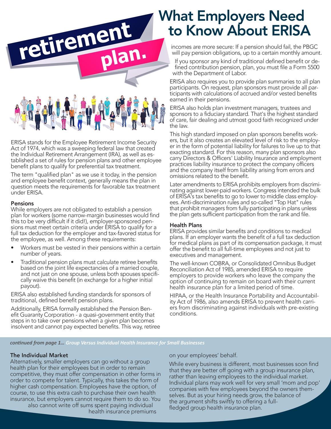 Informational graphic about ERISA. Includes a crowd and text on retirement plans.