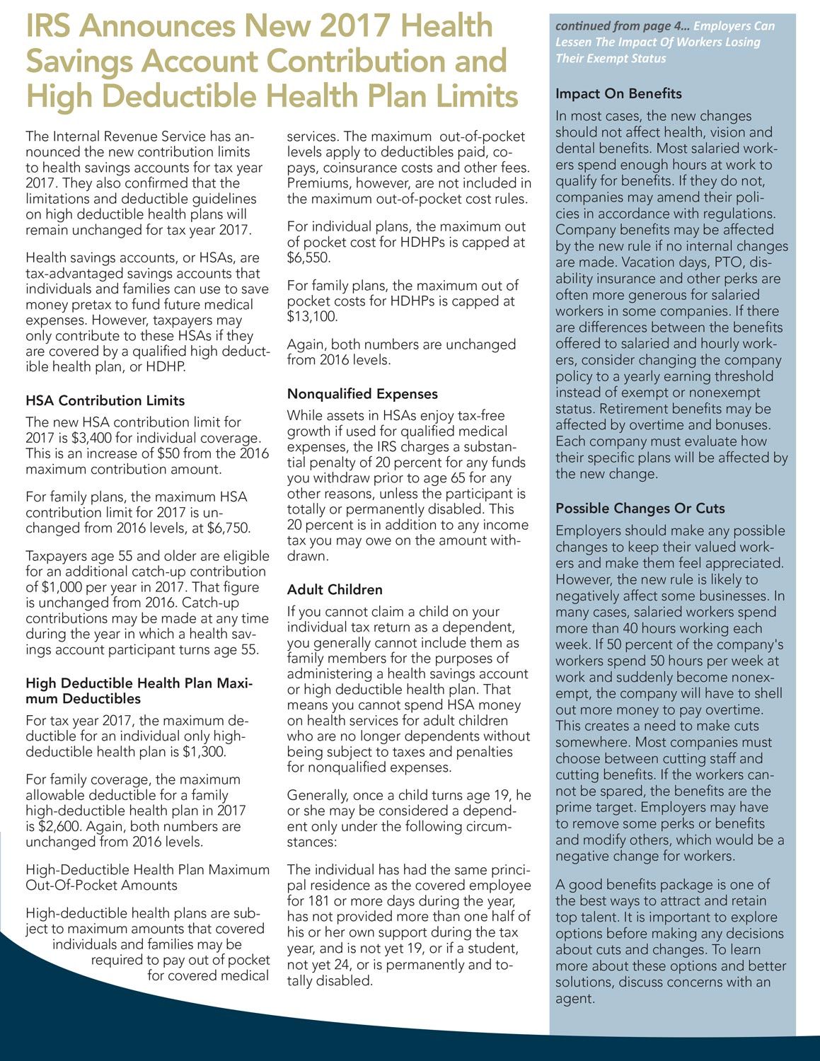 Article on IRS 2017 Health Savings Account contribution and high deductible health plan limits; text on white and blue background.