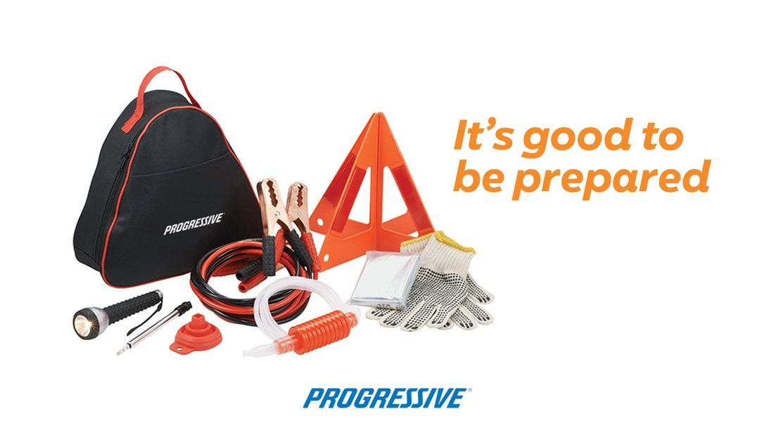 A black triangle-shaped roadside emergency kit bag with jumper cables, flares, and tools. Text reads, 