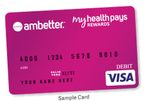 Pink Ambetter My Health Pays Visa debit card, with card number, expiration date, and