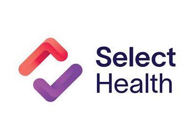 Select Health logo: abstract shapes in purple and orange, text 