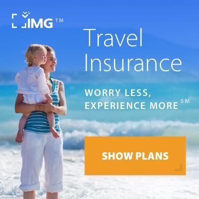 Woman and child on a beach, promoting travel insurance. Orange