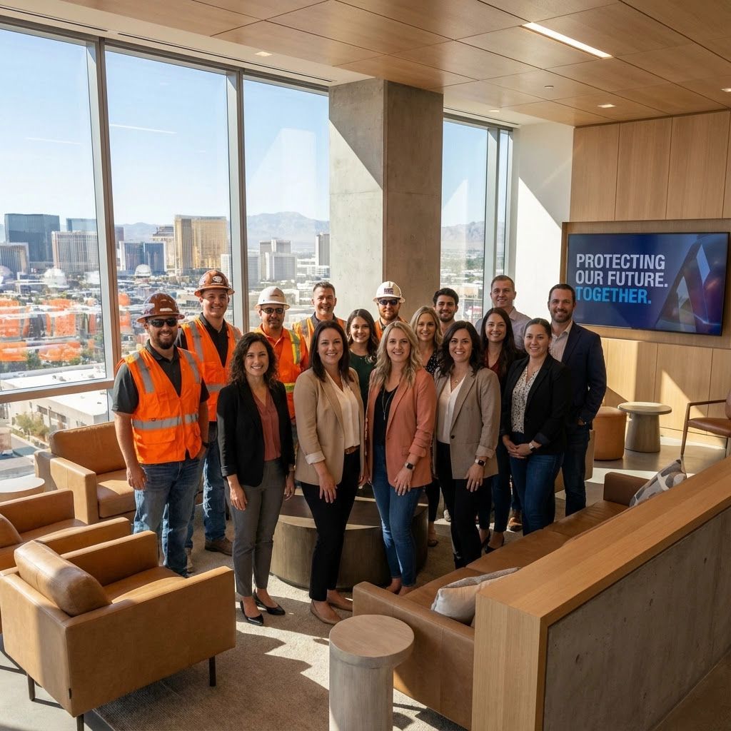 Group of people, some in hard hats and vests, posing in an office with city views, near a TV screen.