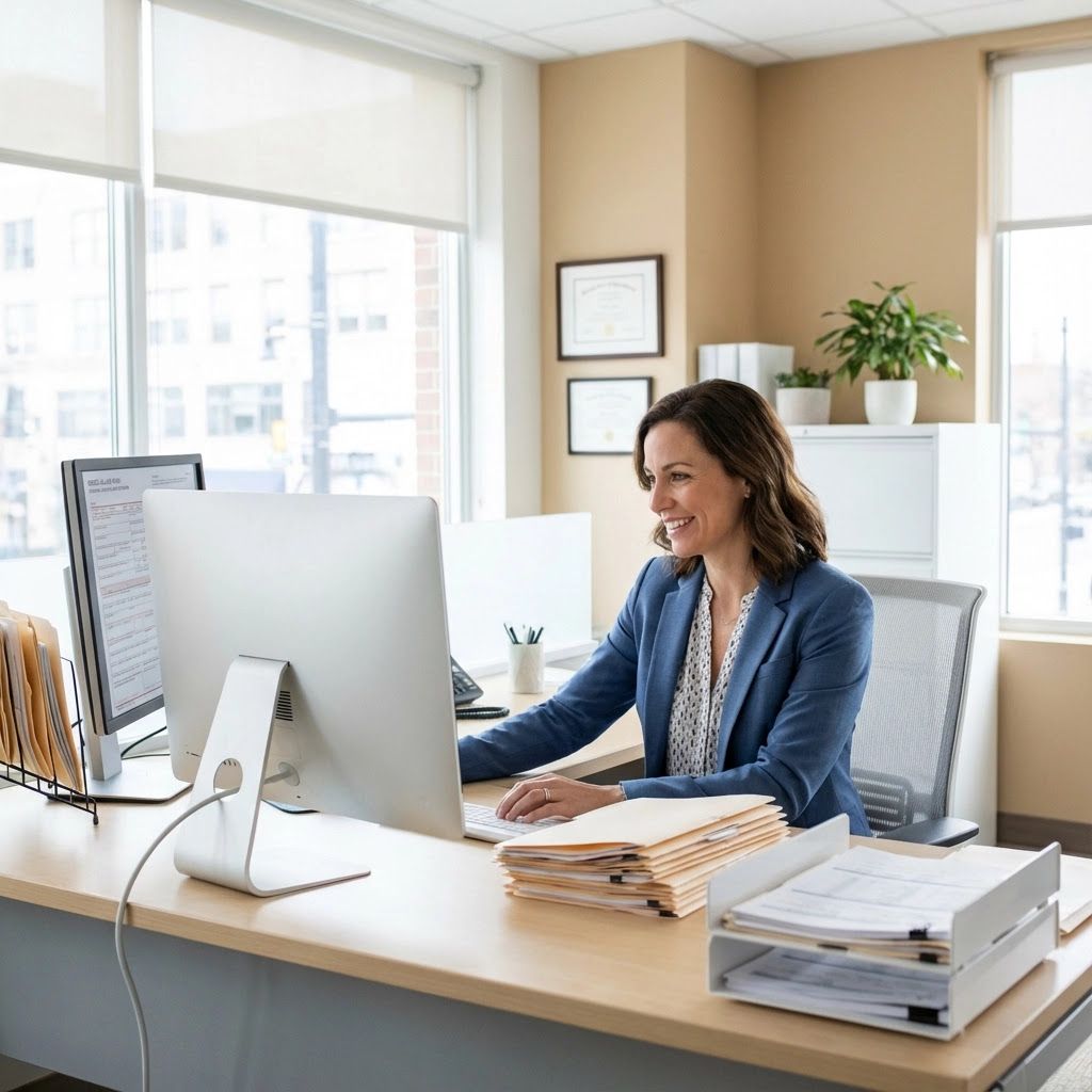 Woman in blue blazer smiles while typing at a computer in a well-lit office.