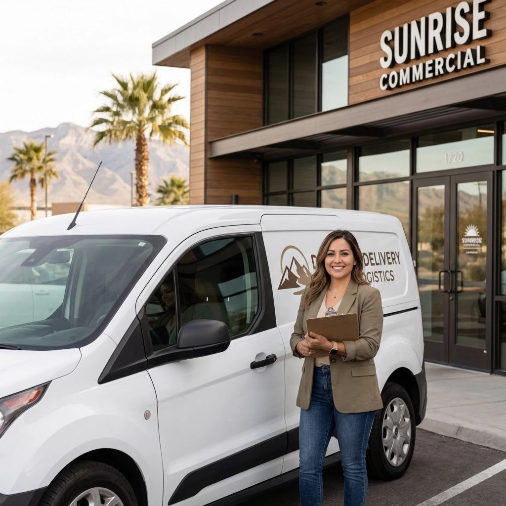 Woman in front of a white van with business logo. Building in background. Holding a clipboard.