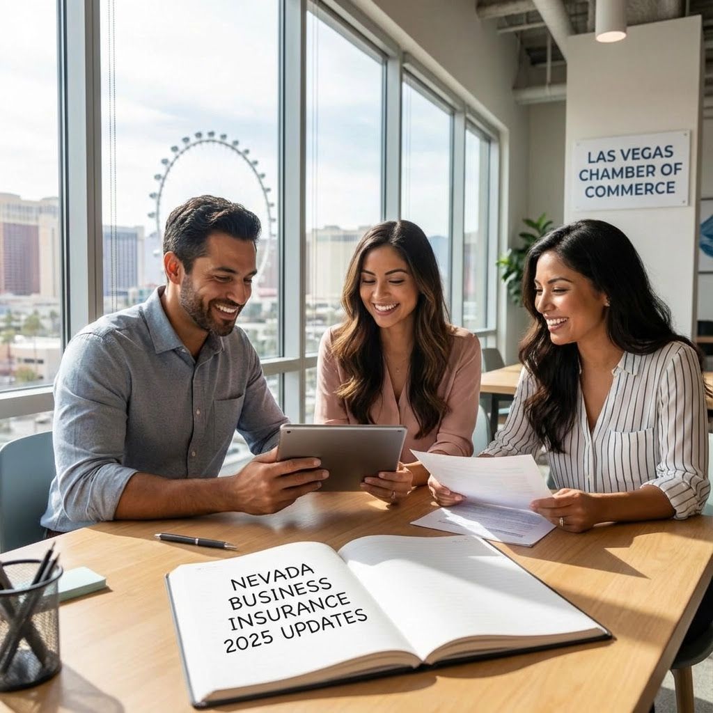 Three people review documents at a table. Window with Ferris wheel view. 