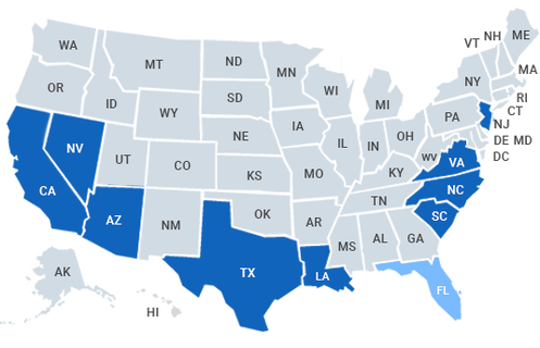 Map of the USA highlighting states in blue: California, Arizona, Nevada, Texas, Louisiana, Florida, Virginia, North Carolina, and South Carolina.