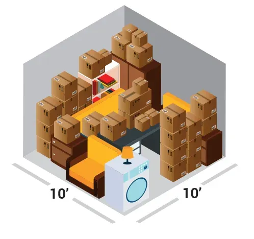 An isometric illustration of a room filled with boxes and furniture.