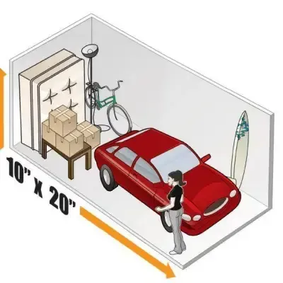 A red car is parked in a 10 x 20 storage unit