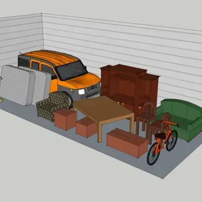 A 3d rendering of a storage room with a car and furniture
