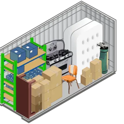A storage container filled with boxes , a chair , a refrigerator , a stove and a golf bag.