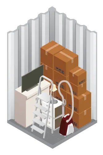 An isometric illustration of a storage room filled with boxes and a vacuum cleaner.