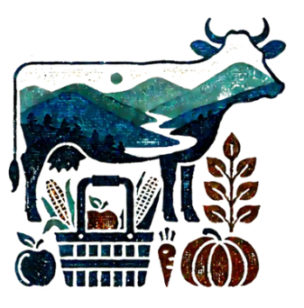 Cow silhouette with mountain landscape, a basket of produce, and autumn crops.