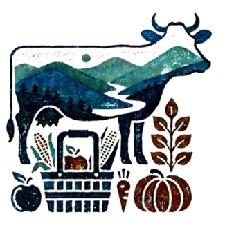 Cow silhouette with mountain landscape, a basket of produce, and autumn crops.