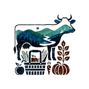 Cow silhouette filled with mountain scene, surrounded by harvest: basket, vegetables, and fruit.