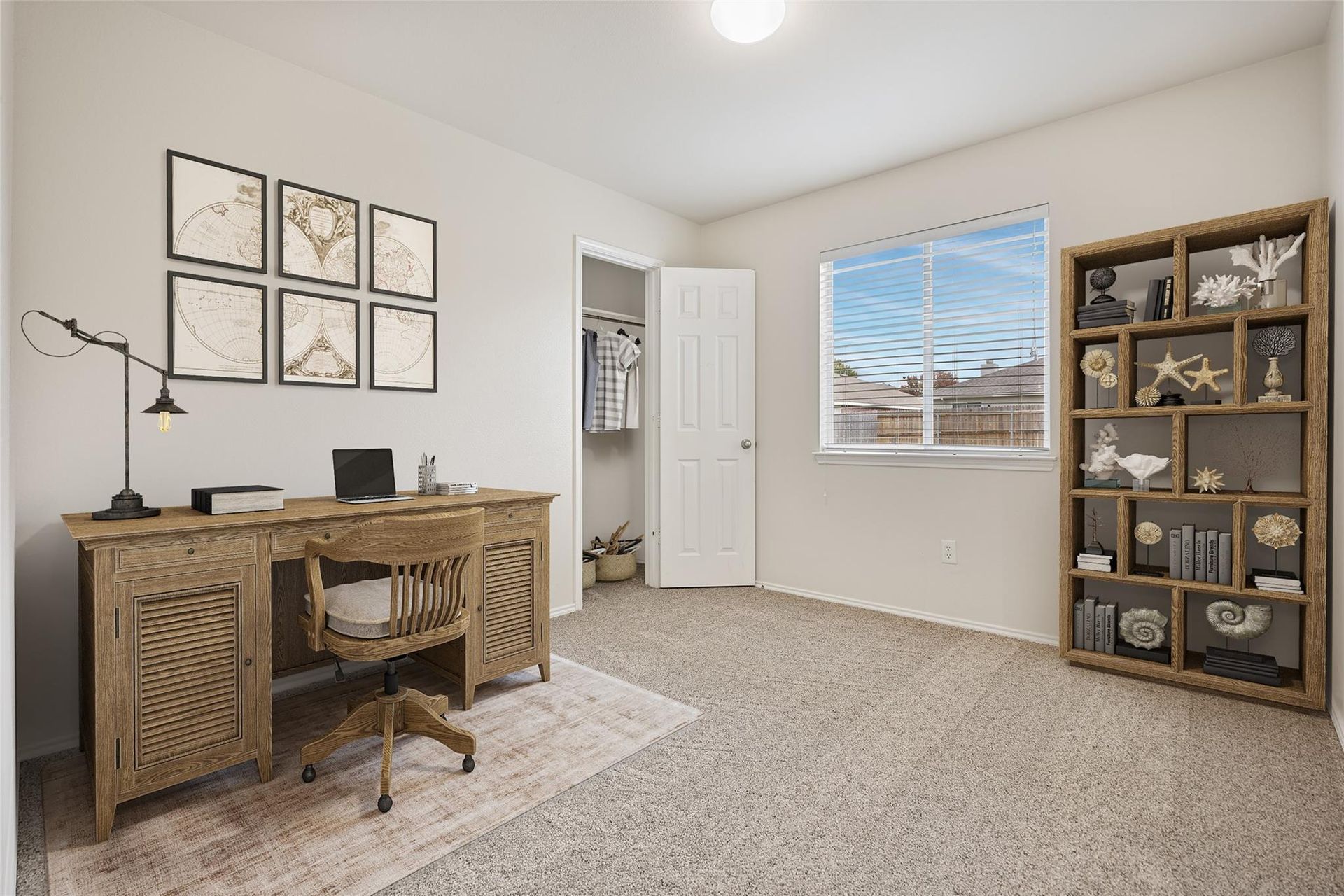 an artist 's impression of a bedroom with a desk and chair