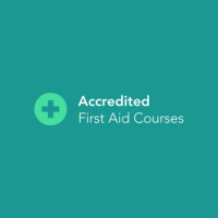 Accredited first aid courses logo on teal background with green medical cross icon