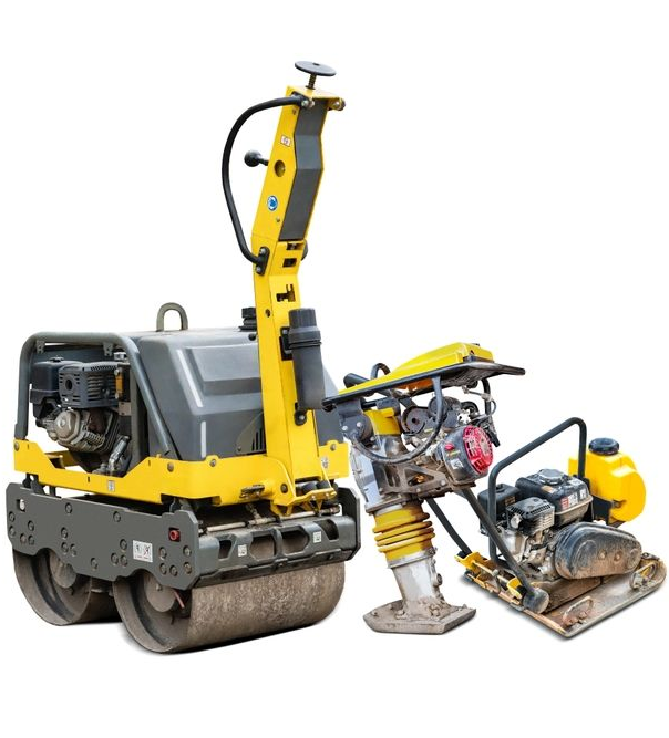 Yellow and gray road construction equipment: a vibratory roller and two plate compactors on a white background.