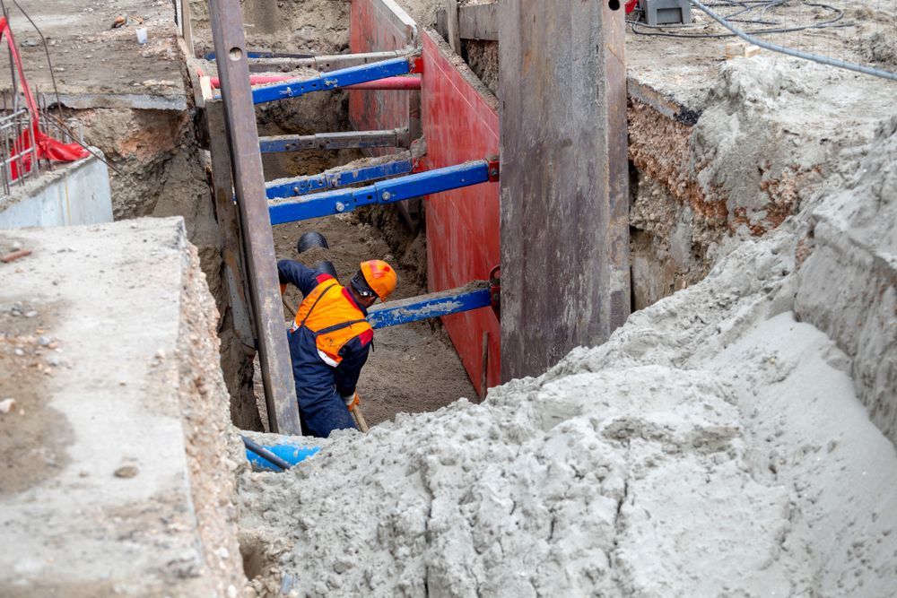 A construction worker is working in a hole in the ground.