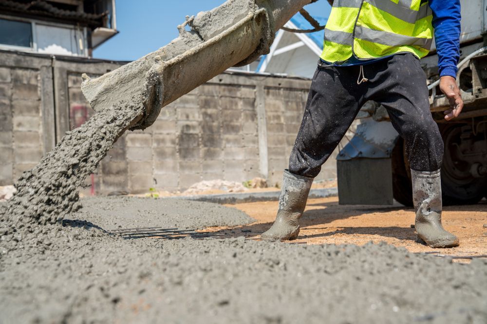 A construction worker is pouring concrete into the ground.