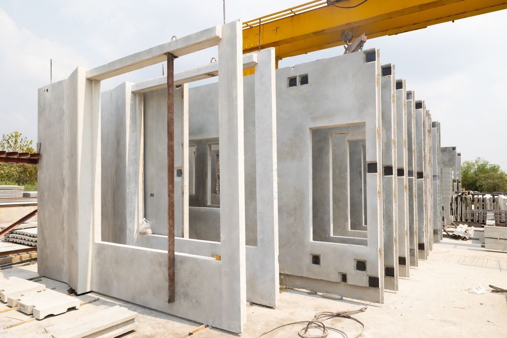 A row of concrete walls are being built in a factory.