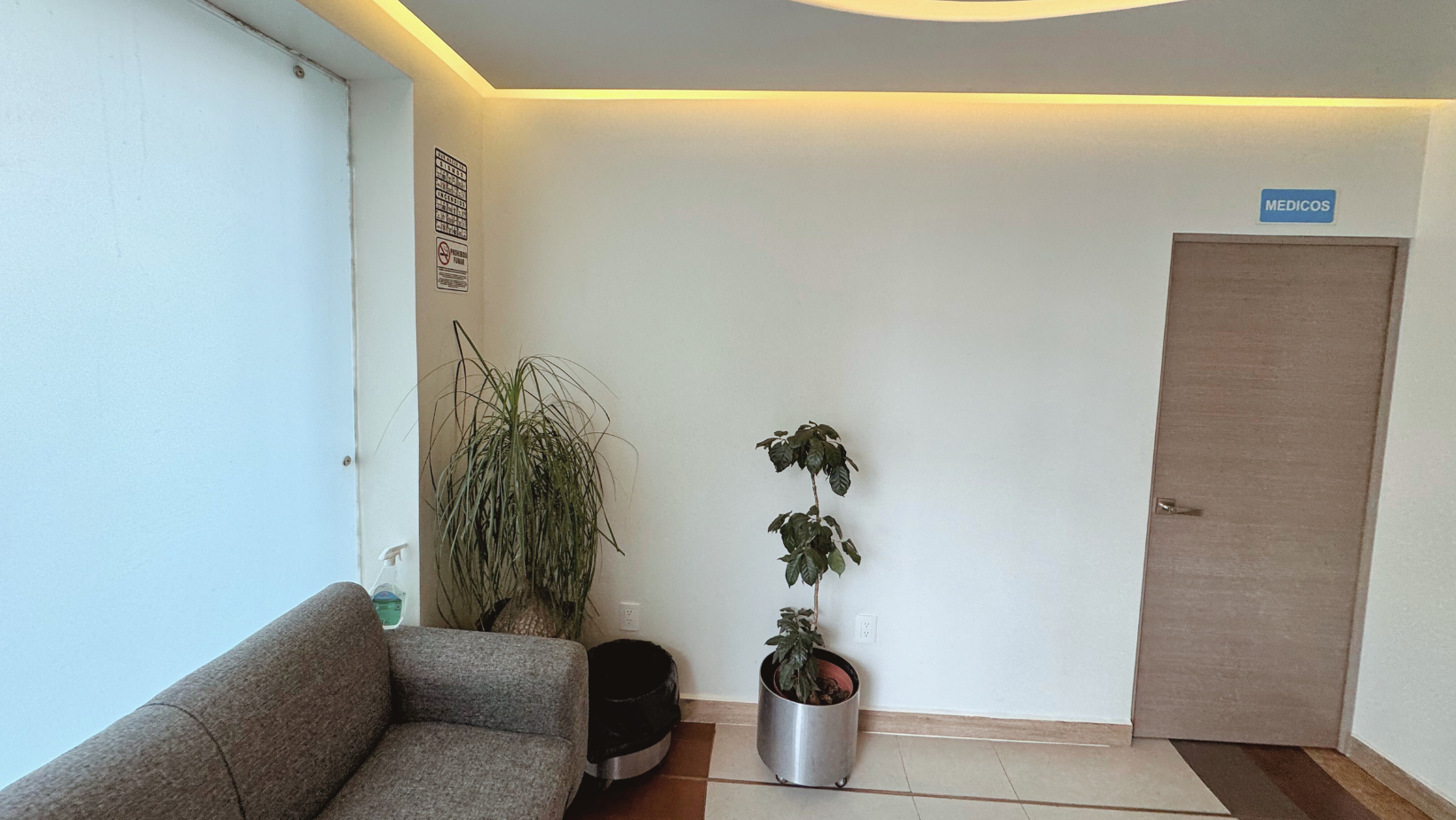 Una sala de espera con un sofá, plantas, una puerta y un cartel. Paredes blancas y brillantes, tonos neutros.