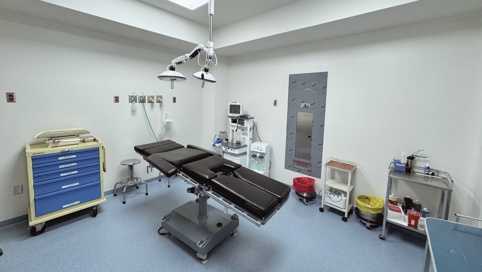 Quirófano con mesa de operaciones, equipo médico y lámparas de techo. Suelo azul, paredes blancas.
