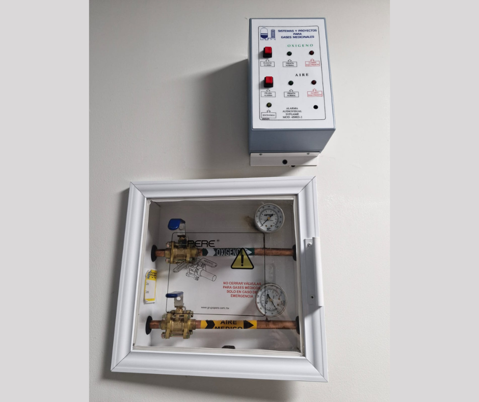 Panel de control de gases médicos de color blanco, para montaje en pared, con manómetros y caja de control.